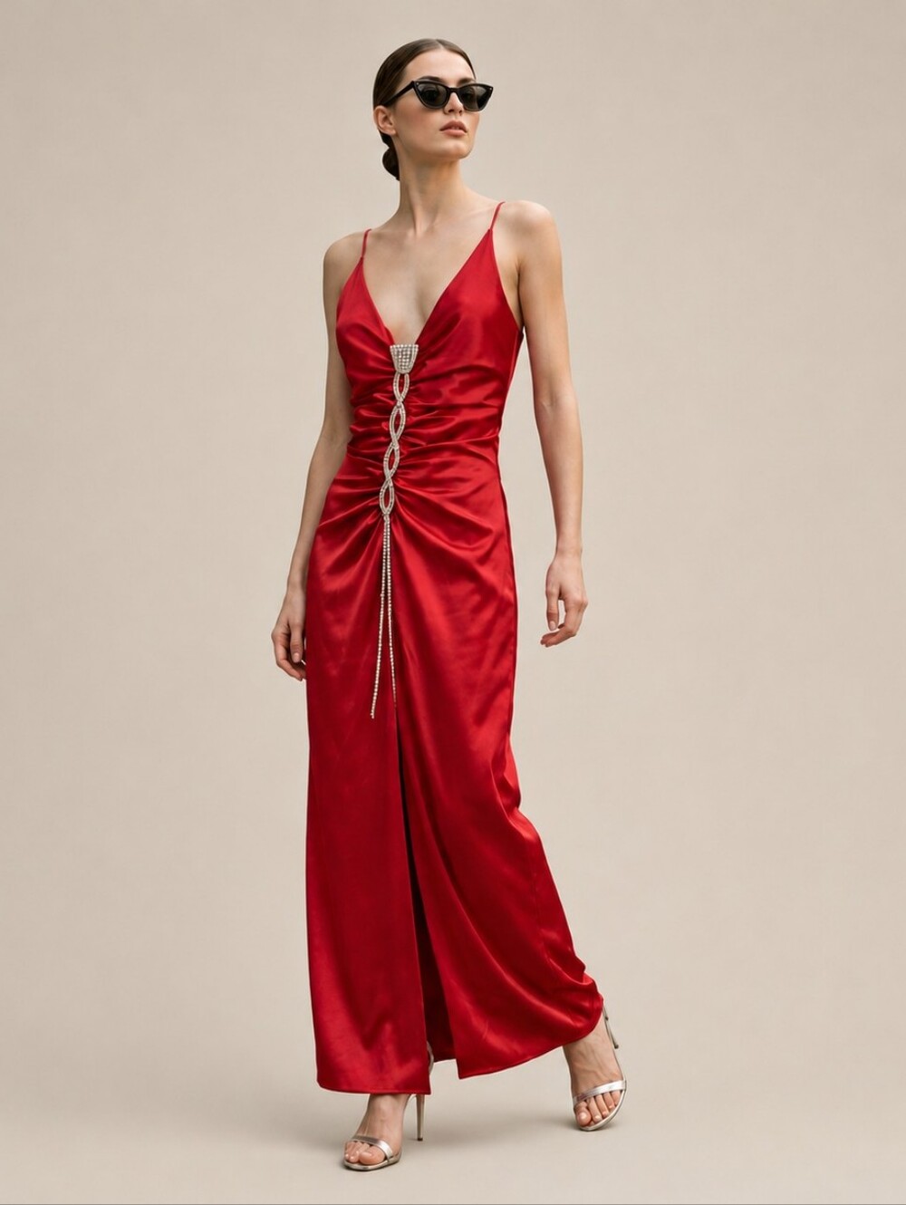 Vintage 90s Red Maxi Prom Dress Sparkle Y2K Lace Up Ruched Glamoratti Size Large